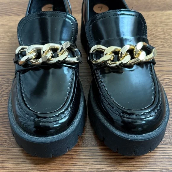 GUESS Hillford‎ Black Lug Sole Chunky Platform Loafers Preppy Patent Chain Y2K 7 - Picture 3 of 10